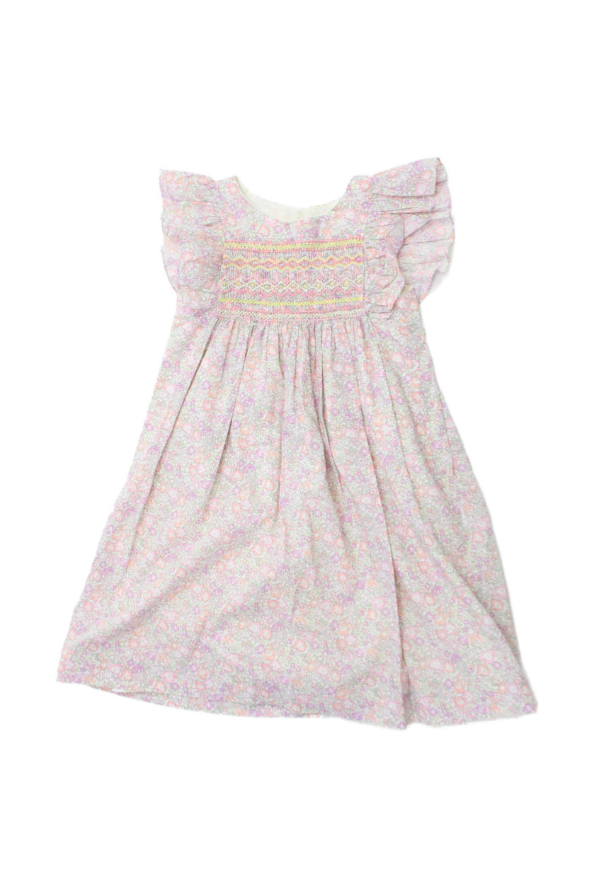 Bonpoint Girls Cap Sleeve Crew Neck Floral Dress White Pink Purple Cotton Size 4Free Shipping in US $100+ Orders | $6.95 Orders Below