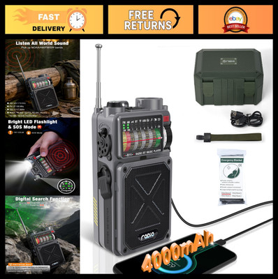 Portable Shortwave Radio with NOAA, AM/FM, Solar/Hand Crank, Bluetooth, Flashlig