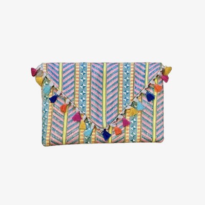 Woven Tassel Crossbody Clutch   Multi-Color, Gold Chain Strap, Sondra Roberts