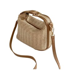NWT Raffia Woven Bucket Bag Khaki Brown Gold Top Handle Crossbody