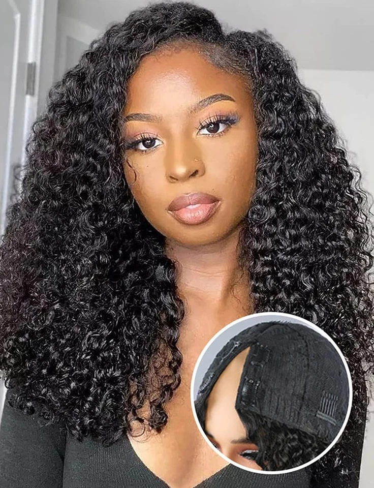 Pelucas rizadas rizadas rizadas de cabello humano parte en V para mujer negras peluca sin pegamento para mujer Foto 2 de 4