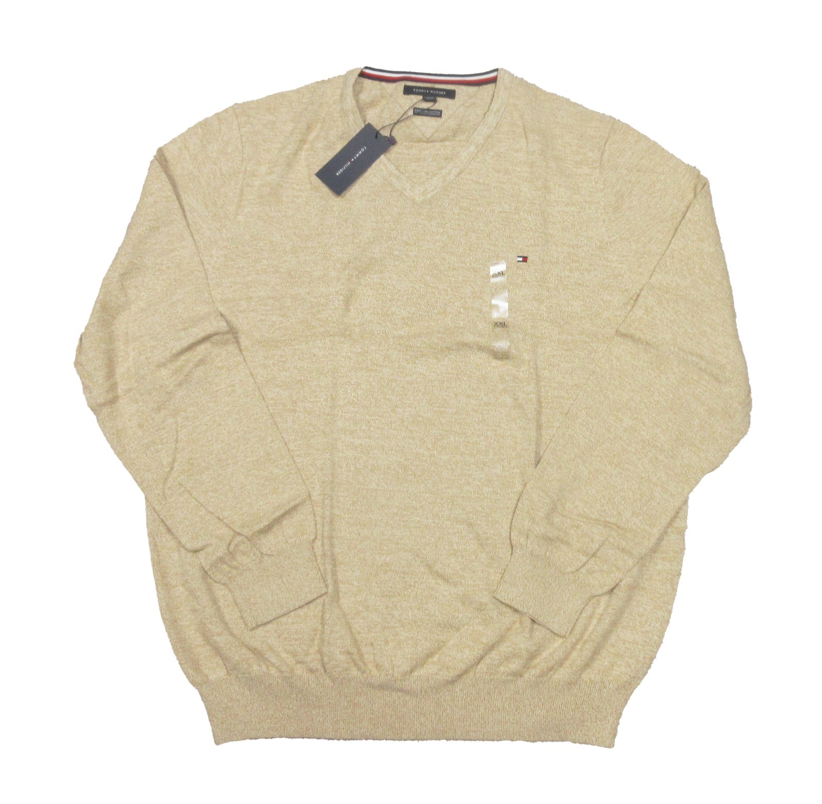 Tommy Hilfiger Men's Beige Heather Premium Cotton V-Neck Pullover Sweater (2XL)