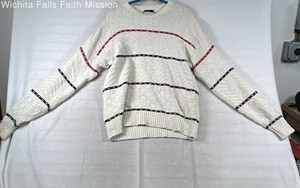 Vintage 90s Woolrich Men's Cream Textured Knit Striped Cotton Sweater Sz L USA