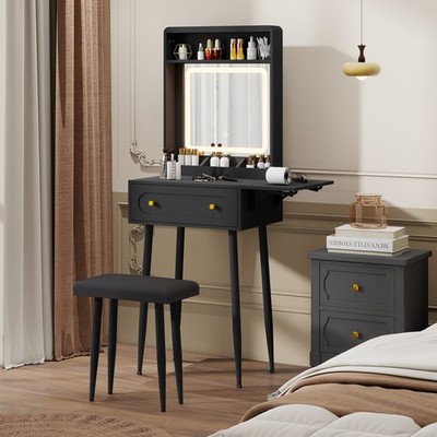 Small Vanity Desk Mirror Light Chair Drawers Sliding Door Compact for Small Room