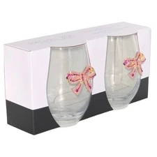 Rachel Zoe Drinkware Set of 2 Stemless Jeweled Bows Wine Glasses 18oz Barware