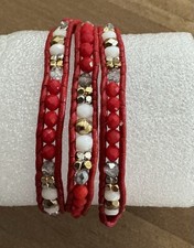 Gorgeous Handmade Red Leather 3 Strands Wrap Bracelet Decorated With Gemstone