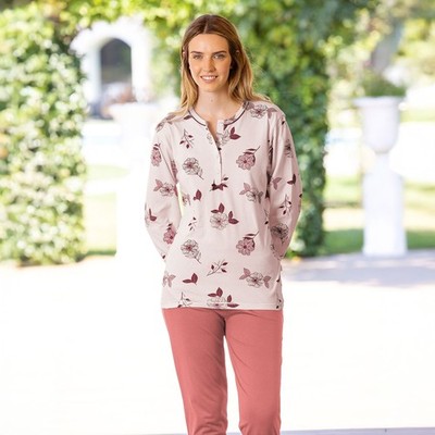 Irge Damen Schlafanzug Komplett Floralmuster Baumwolle Leicht Rosa Azzurro 46-52