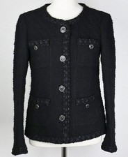 16A CHANEL Women Black Jacket Coco Mark Button Tweed Collarless Trim Size 36
