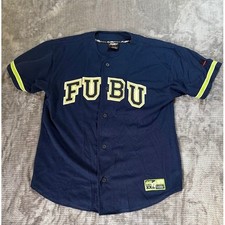 Vintage FUBU Sports Baseball Jersey Navy Blue Lime Green Mesh Men L Short Sleeve