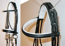 FSS German BLACK WHITE Padded ROLLED  Comfort Crank Double Dressage Bridle Reins