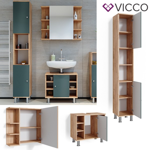 BadmöBelset Unterschrank Spiegelschrank Hochschrank Fynn Eiche GrüN Vicco-image
