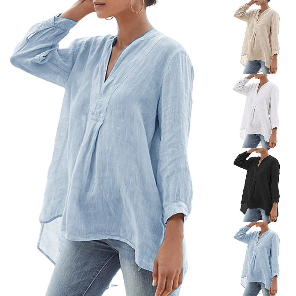 MARKENLOS Große Damen Baumwollleinen T Shirt Oversize V Ausschnitt Baggy Bluse Tops ZX