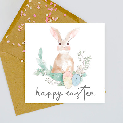 Quadratische Karte Frohe Ostern - Aquarell Baby Hase Kaninchen Eiersuche