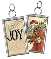 Vintage Two-Sided Glass Framed Santa Joy Christmas Ornament Charm