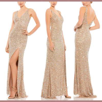 NWT $338 Mac Duggal [ 2 ] Sequined Sleeveless V Neck Side Slit Gown Gold #Q732