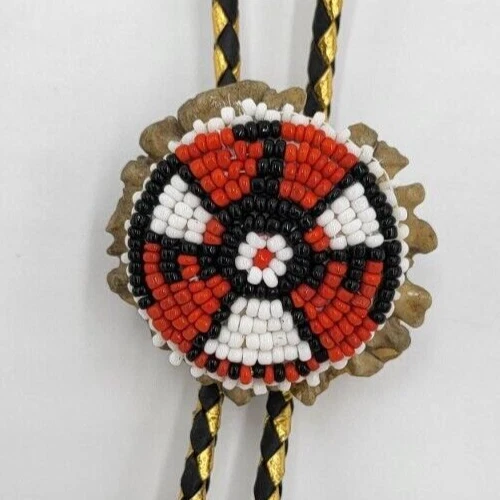 Vintage BOLO TIE BEADED WOOD ROUND Red/White/Black- Gold/Black Cord, wood tips - Image 3 of 4