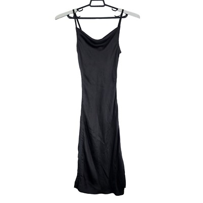 Women's Express Black Satin Midi Slip Dress Side Ruche Pull Size XS