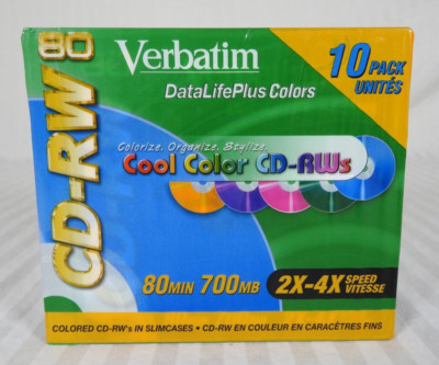 SEALED Verbatim Cool Color DC-RW Discs, 10 Pack. 80min, 700MB, 2x-4x Speed