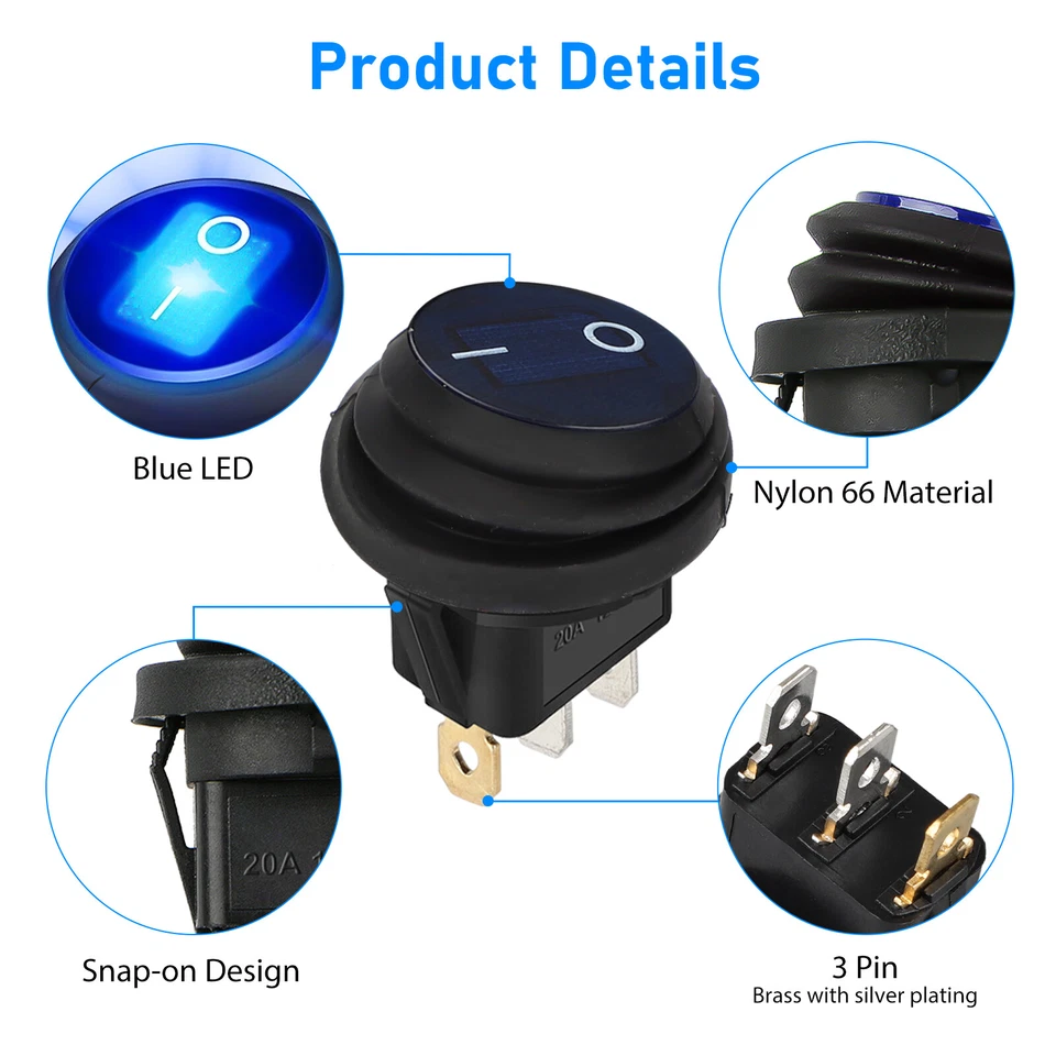5Pcs Round Toggle Switch ON/OFF SPST Blue LED Light 12V Car Auto Boat Waterproof - Image 4 of 4