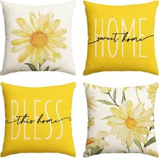 Home Sweet Home Spring Summer Flowers Yellow Throw Pillow Covers,Set of 4