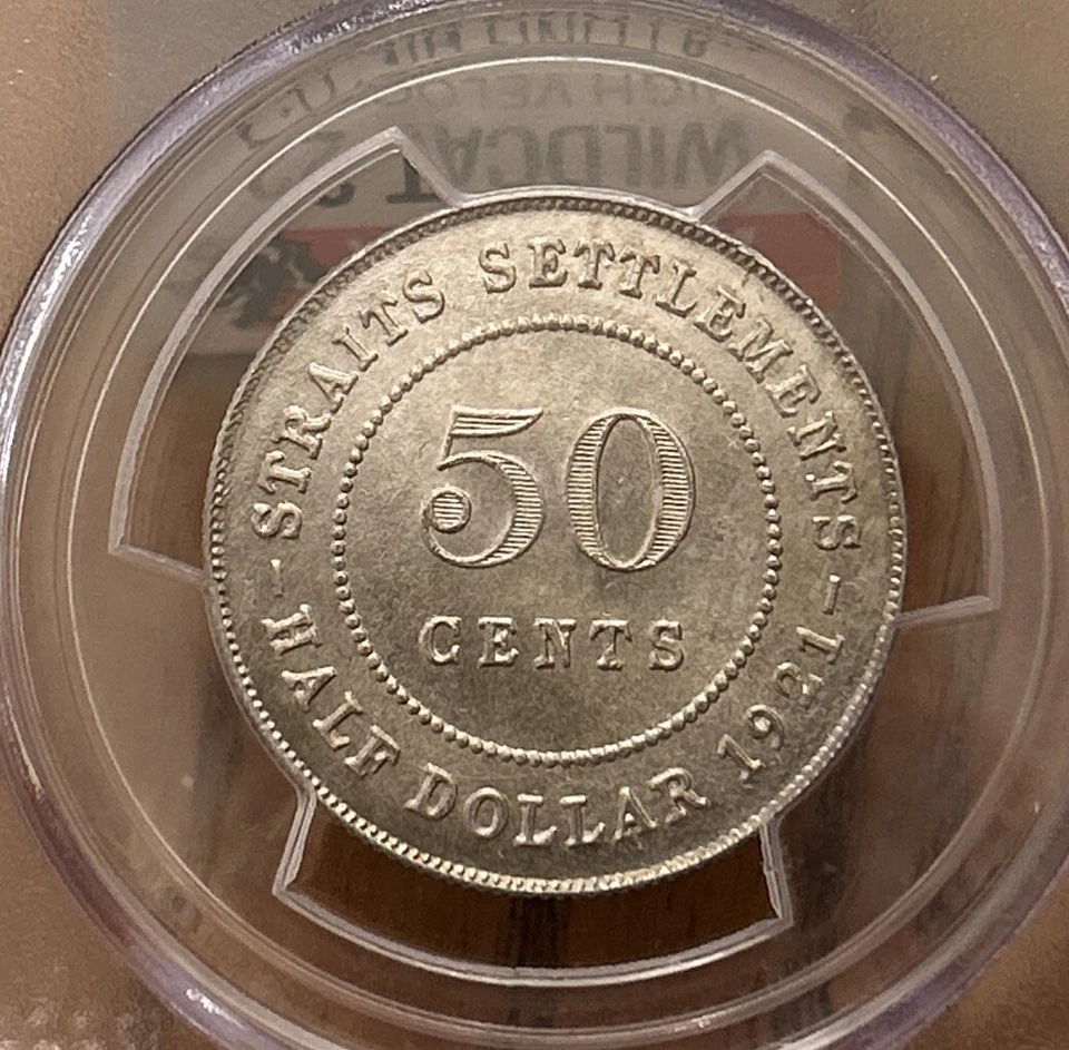 50 centavos de plata 1921 Straits Settlements (Singapur) como nuevo 64+ ¡Raro de alta calidad! Foto 2 de 2