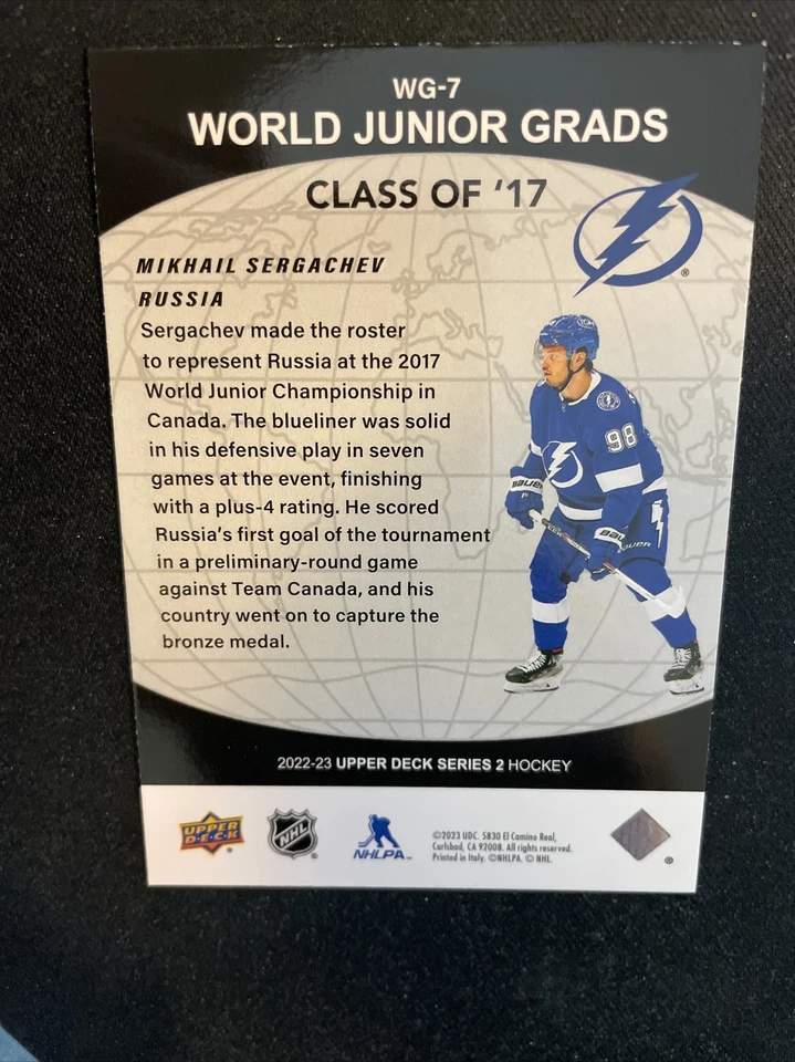 22-23 UD Series 2 Hockey World Junior Grads WG-7 Mikhail Sergachev - Image 2 of 2