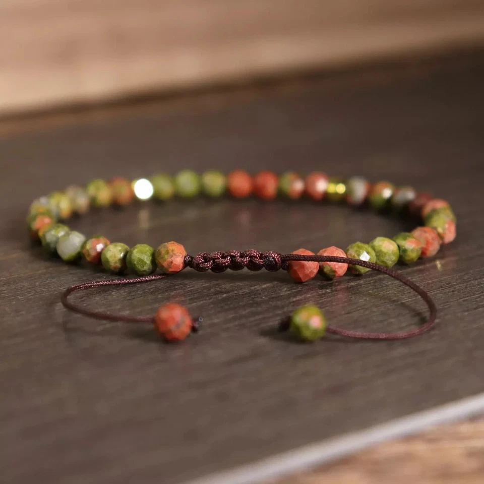 Pulsera delicada con cuentas facetadas de piedras preciosas de cristal Unakita de 4 mm Reiki regalos de curación Foto 2 de 4
