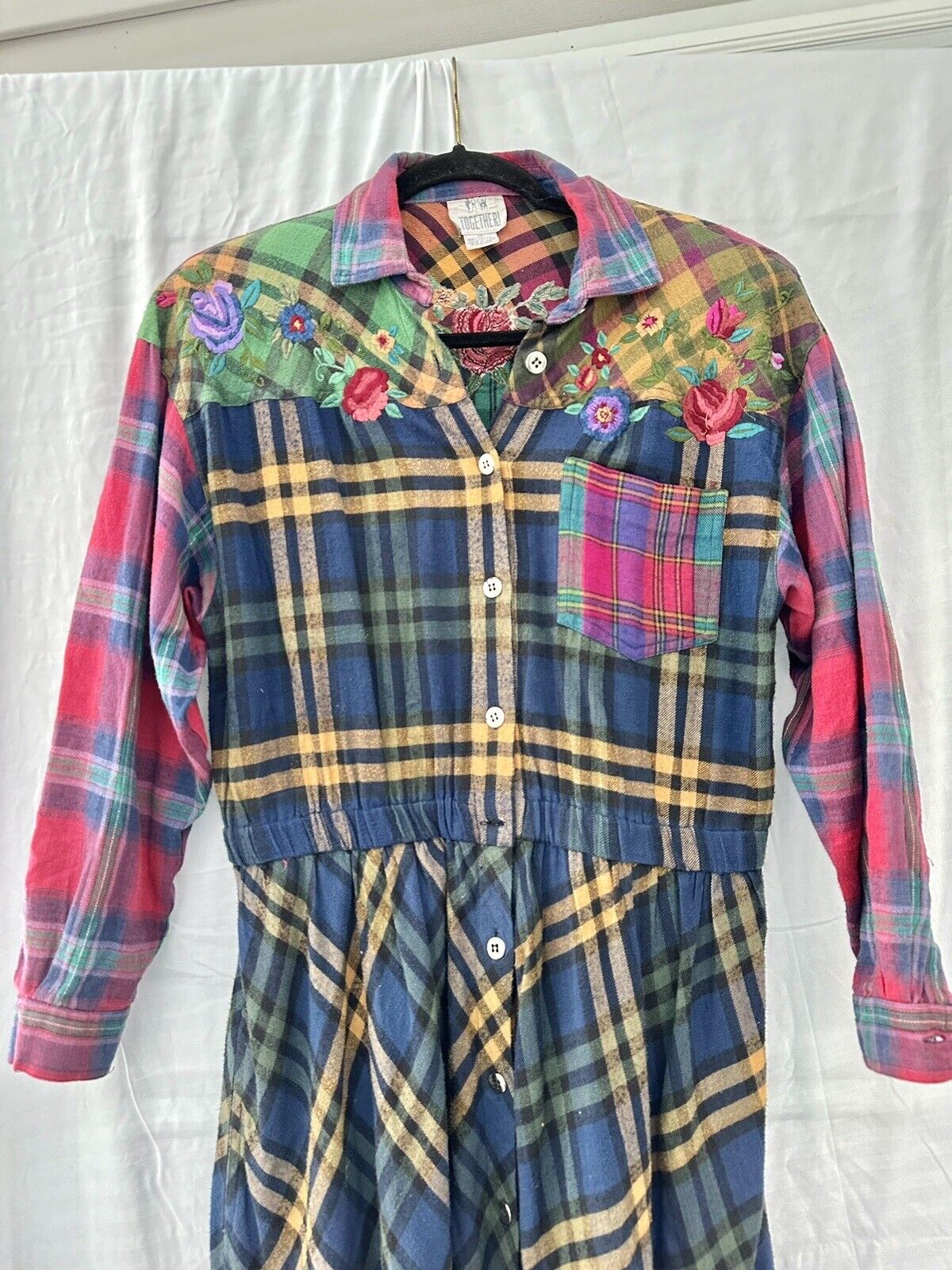 Vintage Plaid Maxi Dress Cotton Flannel w/ Embroi… - image 2