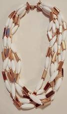 Vintage White and Goldtone Multi Strand Necklace 5 Strand Plastic Beads 20"