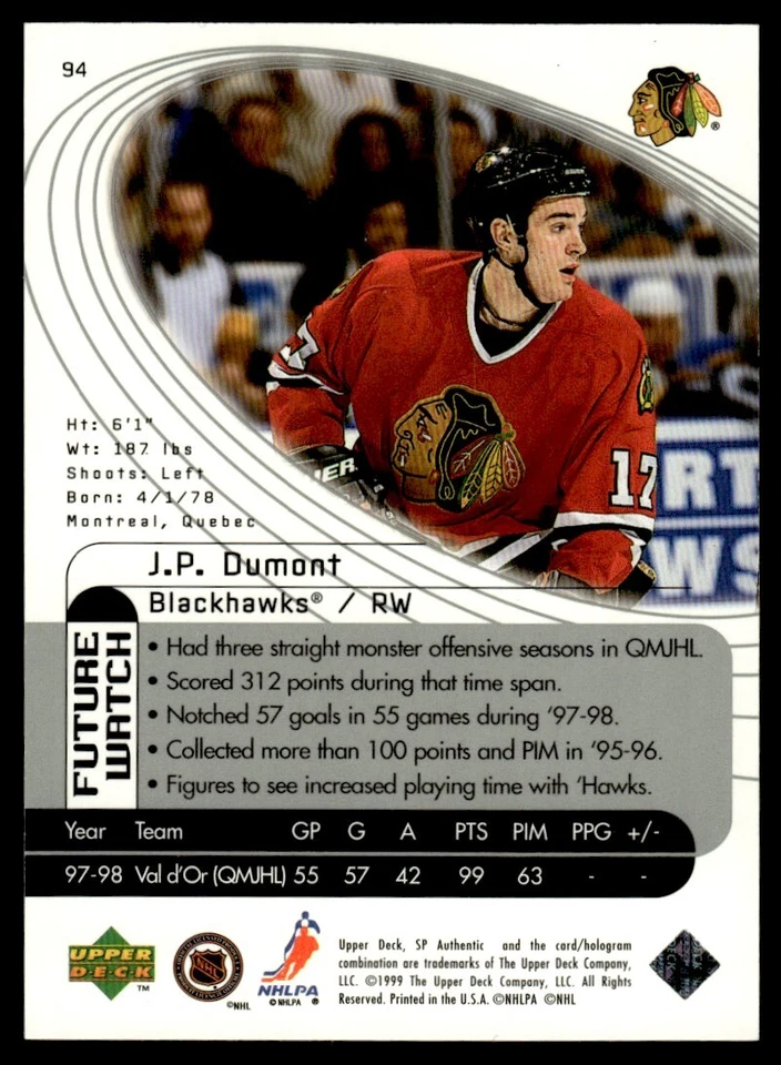 1998-99 SP Authentic J.P. Dumont 0785/2000 Chicago Blackhawks #94 - Image 2 of 2