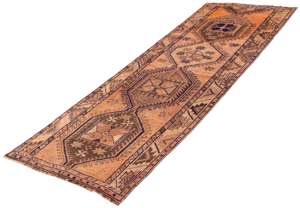 Tapete de corredor tradicional oriental de lã 4'2" x 12'2" vintage feito à mão - Imagem 4 de 4