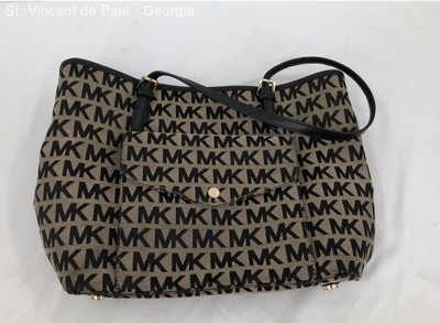 MICHAEL KORS Jet Set MK Signature Beige Jackard Snap Pocket Large Tote Bag-Purse