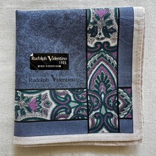 VTG Handkerchief Blue Cotton line Art Flourish Flower  Striped Damask Square 18