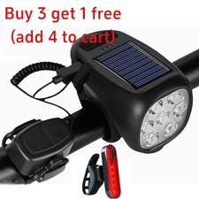 Solar USB Rechargeable Bike Bicycle Headlight Taillight w/ Horn Set Waterproof