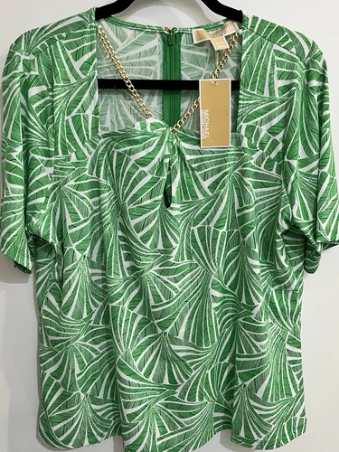 Camicetta Michael Kors donna taglia XL maglia catena verde foglie di palma zip dietro $98