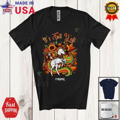 Custom Name It's Fall; Wonderful Thanksgiving Unicorn Pumpkin Sunflower T-Shirt