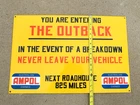 VINTAGE LARGE 23" AMPOL THE OUTBACK GASOLINE OIL PUMP STATION PORCELAIN AD SIGN
