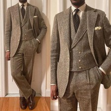 Vintage Tweed Brown Men's Suits Herringbone Regular Fit Wedding Tuxedo Warm 3Pcs