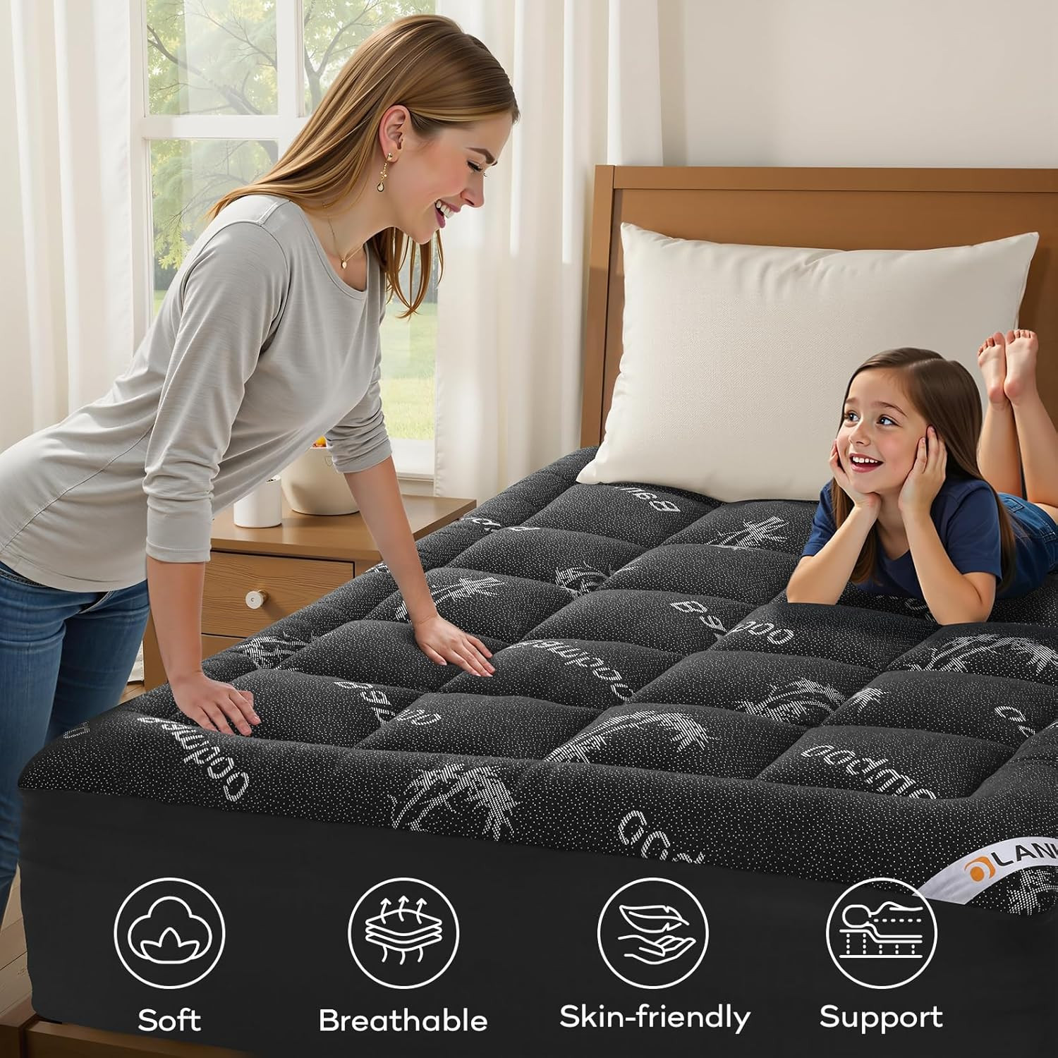 Cooling Bamboo King Mattress Topper for Back Pain Relief - Plush Dark Gray