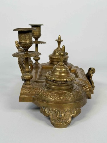 Antico calamaio da scrivania calamaio francese barocco vittoriano bronzo ottone - Foto 2 di 17