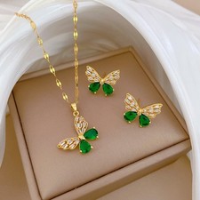 Fashion Women gold-plated Butterfly CZ Pendant Necklace Earrings jewelry set AG
