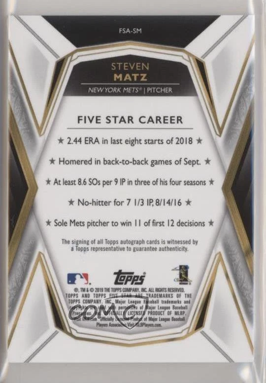 2019 Topps Five Star Auto Blue /25 Steven Matz #FSA-SM Auto - Image 2 of 2