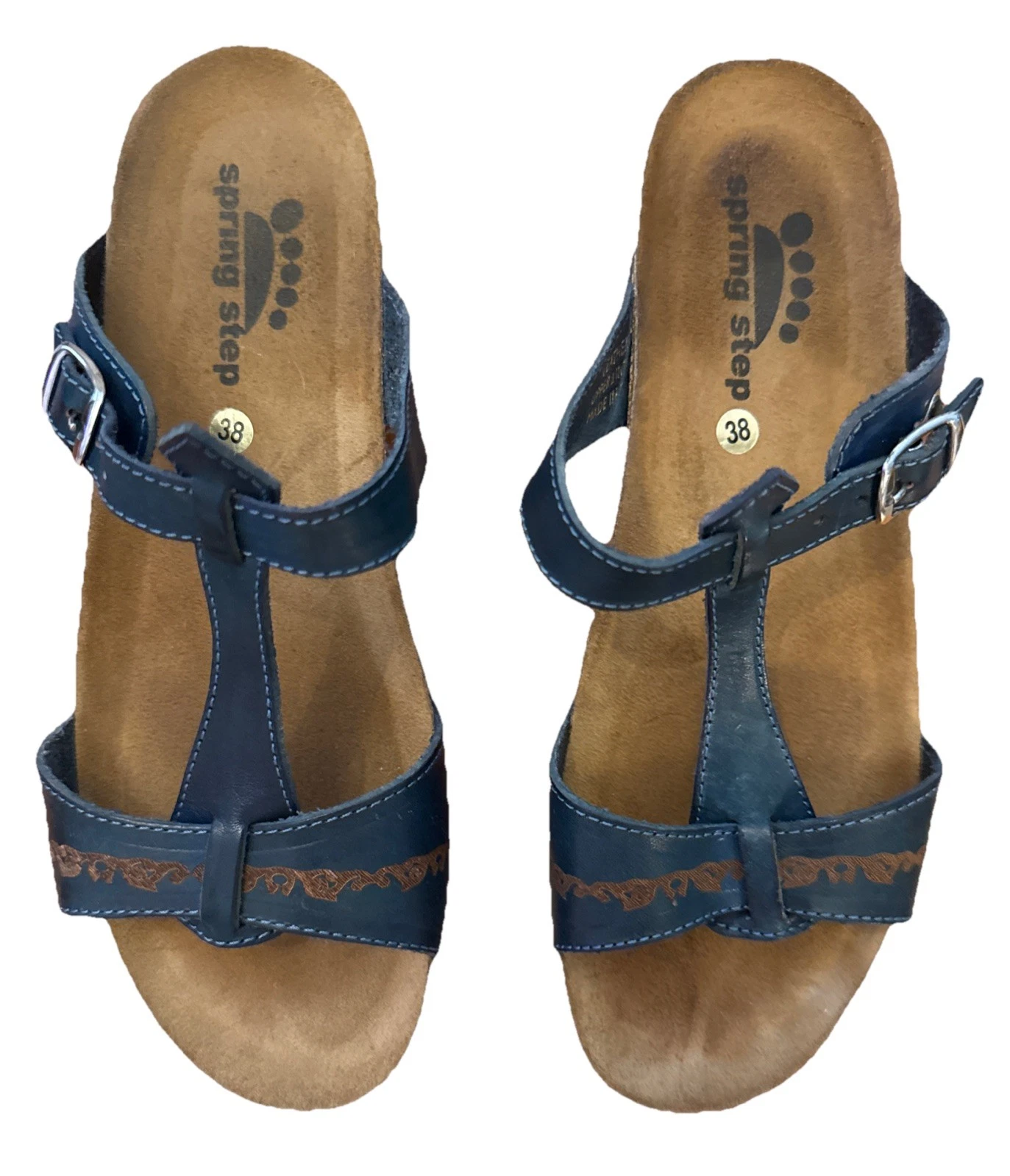 Spring Step Strappy Sandals Shoes Slip-On Women Sz 38 EU 7.5 US Blue Leather