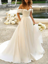 Size 12 Missacc Satin Ivory Chapel Length Wedding Dress w/ Lace Edge Tulle Veil
