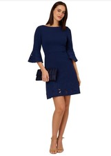 Adrianna Papell Eyelet Embroidered Dress Color Navy Sateen Size 14 MSRP $179