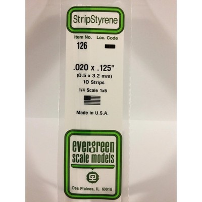 Evergreen 126 Styrene Plastic Strips 0.020''x 0.125'' x 14'' (10)