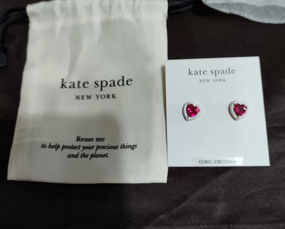 Kate Spade Pink Zirconia Framed Heart Stud Earrings & KS Dust Bag ($58 MSRP) - Image 2 of 3