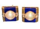 Vintage 1980s 14K Gold Mabe Pearl & Lapis Lazuli Geometric Omega Back Earrings — photo 1