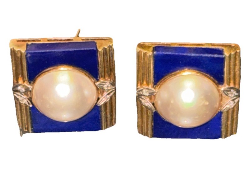 Vintage 1980s 14K Gold Mabe Pearl & Lapis Lazuli Geometric Omega Back Earrings
