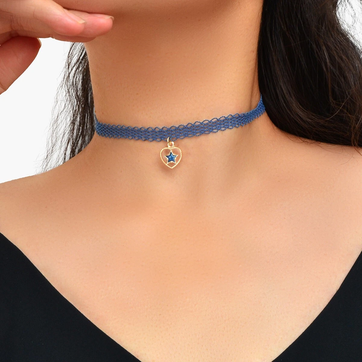 Daisy Gothic Blue Ribbon Hollow Tattoo Choker Star Gold Heart Charm Necklace